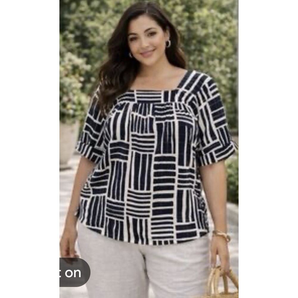 Lane Bryant 18/20 Plus Navy/White Square Neck Geometric Cotton Peasant Blouse
